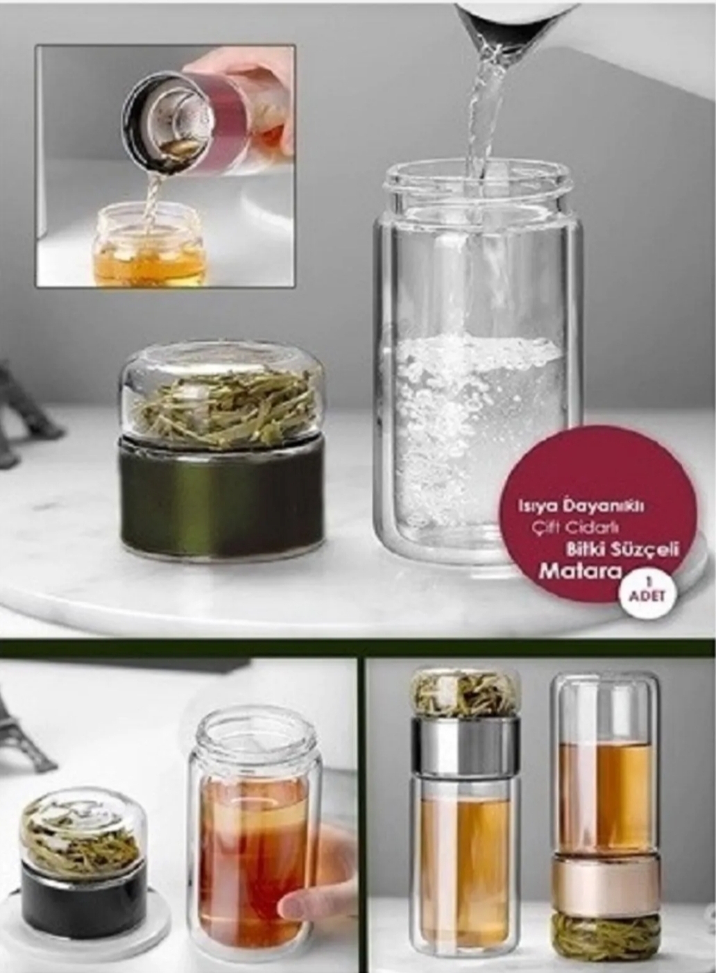 Çift Katlı Cam, Bitki Çayı, Ihlamur, Filtre Kahve Demliği French Press